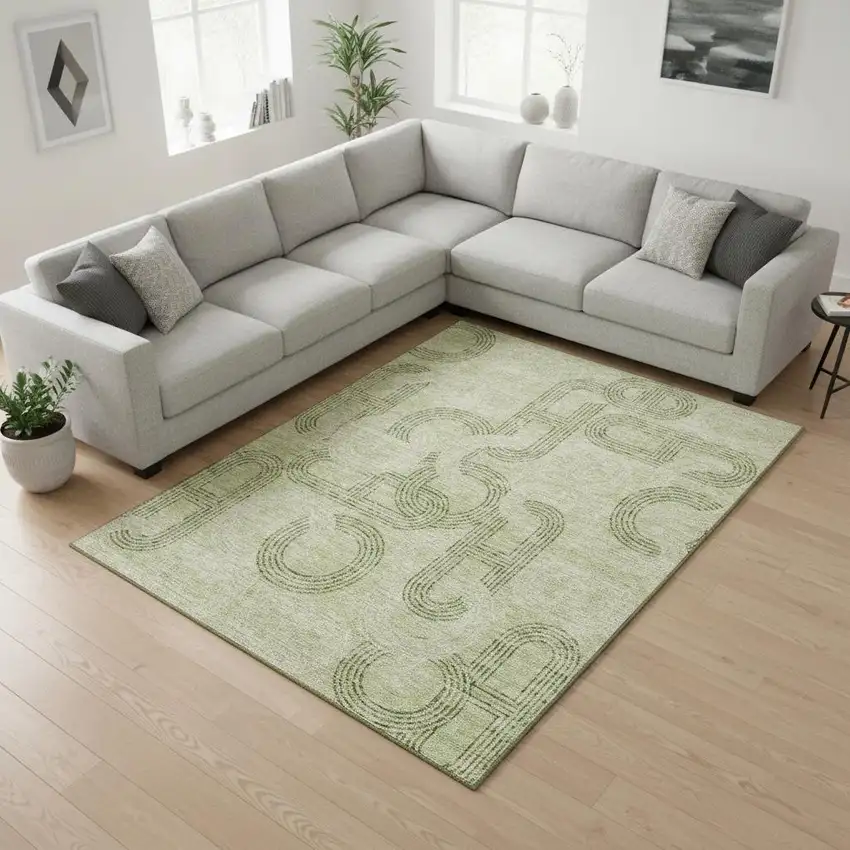 Artichoke Green And Gray Geometric Washable Area Rug With UV Protection Photo 2
