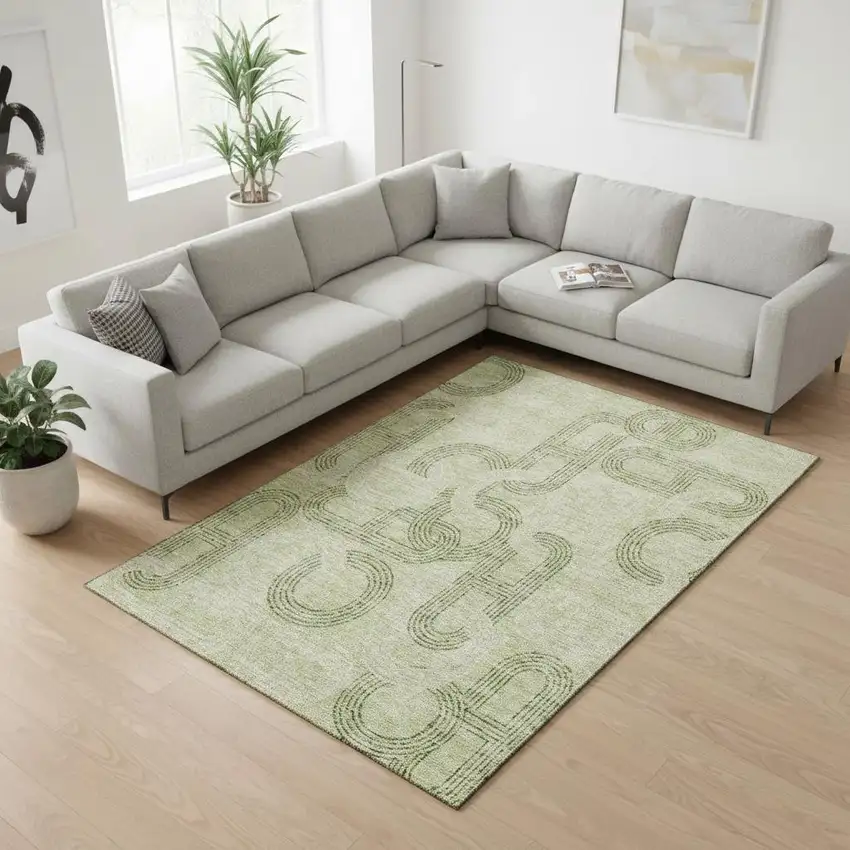 Artichoke Green And Gray Geometric Washable Area Rug With UV Protection Photo 2
