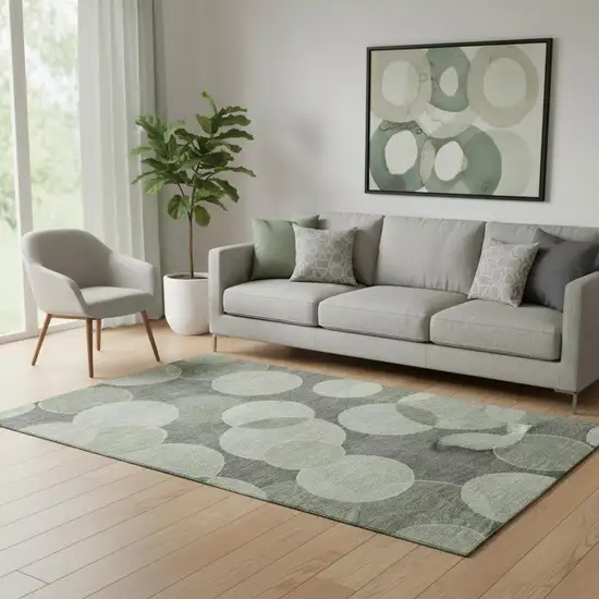 Artichoke Green And Gray Geometric Washable Area Rug With UV Protection Photo 2