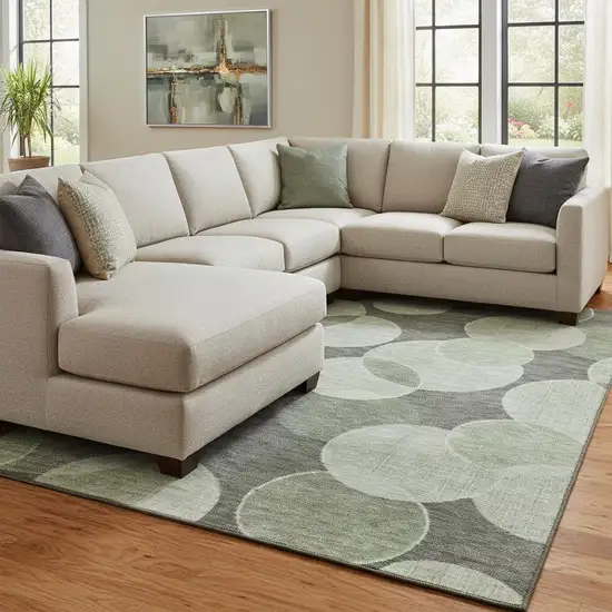 Artichoke Green And Gray Geometric Washable Area Rug With UV Protection Photo 2