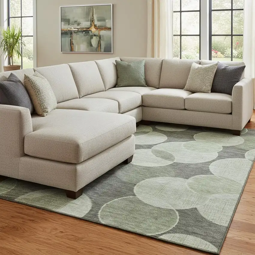 Artichoke Green And Gray Geometric Washable Area Rug With UV Protection Photo 2