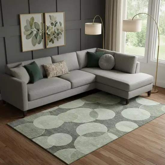 Artichoke Green And Gray Geometric Washable Area Rug With UV Protection Photo 2