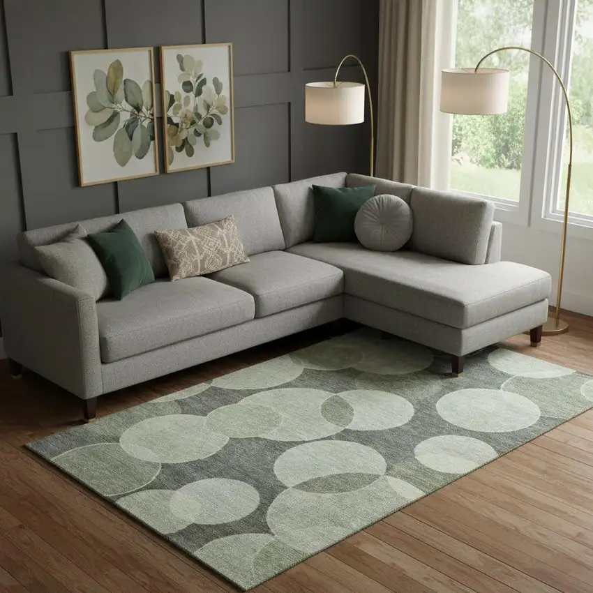 Artichoke Green And Gray Geometric Washable Area Rug With UV Protection Photo 2