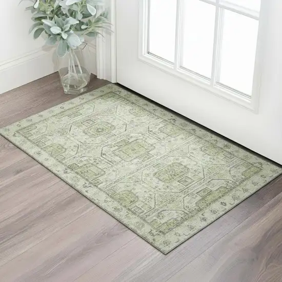 Artichoke Green And Gray Geometric Washable Area Rug With UV Protection Photo 2
