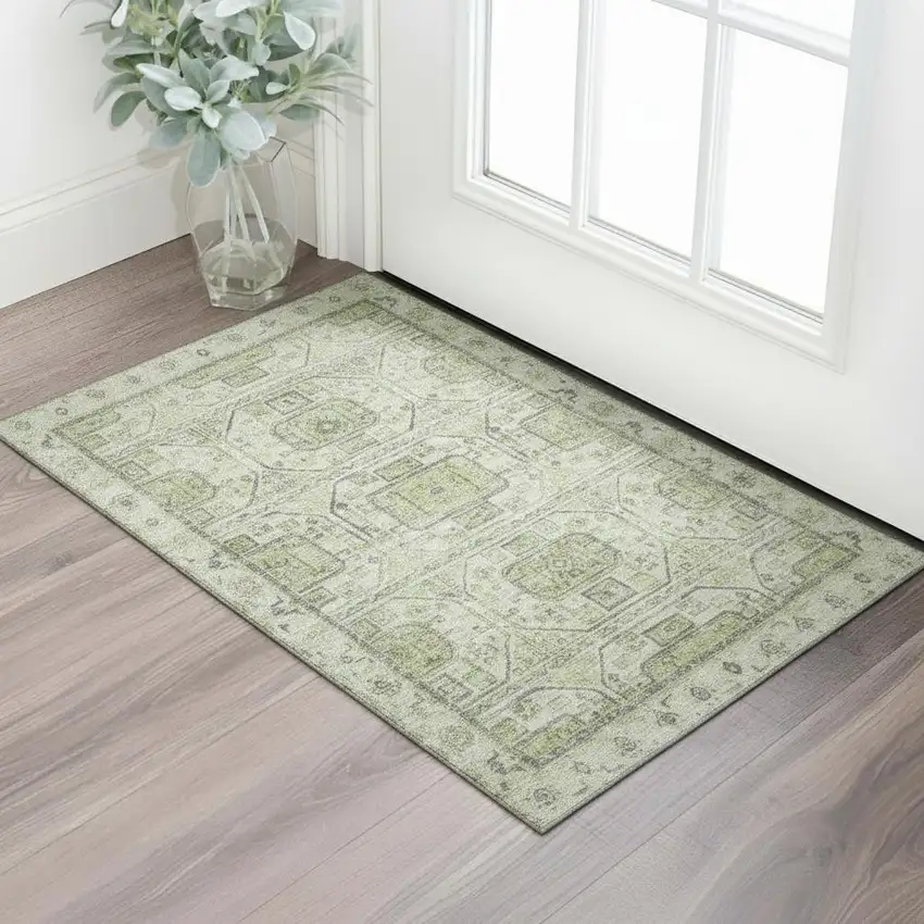 Artichoke Green And Gray Geometric Washable Area Rug With UV Protection Photo 2