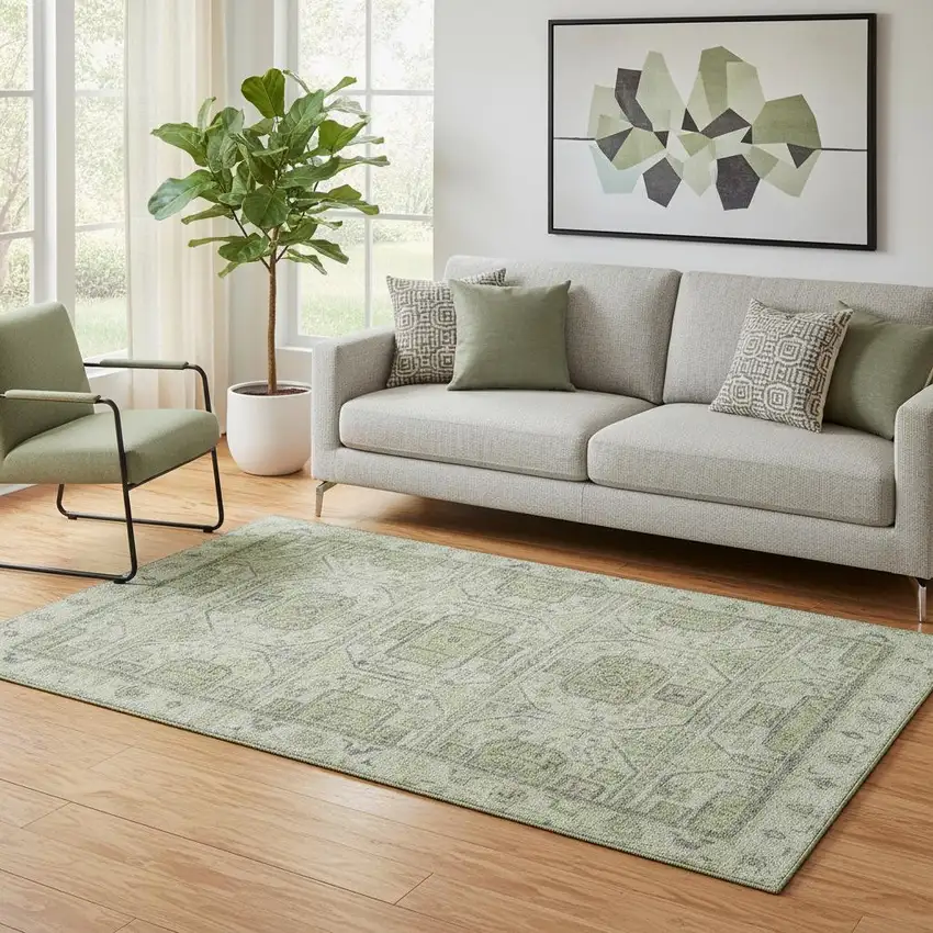 Artichoke Green And Gray Geometric Washable Area Rug With UV Protection Photo 2