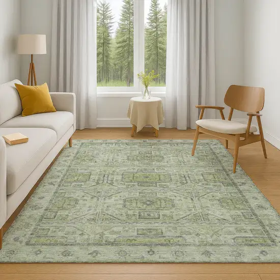 Artichoke Green And Gray Geometric Washable Area Rug With UV Protection Photo 6