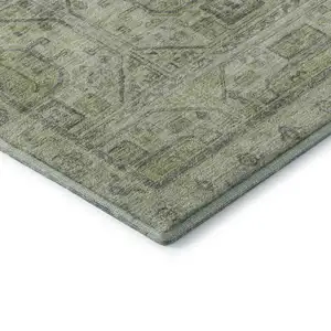 Photo of Artichoke Green And Gray Geometric Washable Area Rug With UV Protection