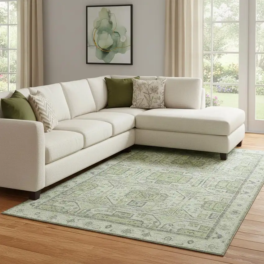 Artichoke Green And Gray Geometric Washable Area Rug With UV Protection Photo 2