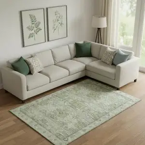 Photo of Artichoke Green And Gray Geometric Washable Area Rug With UV Protection