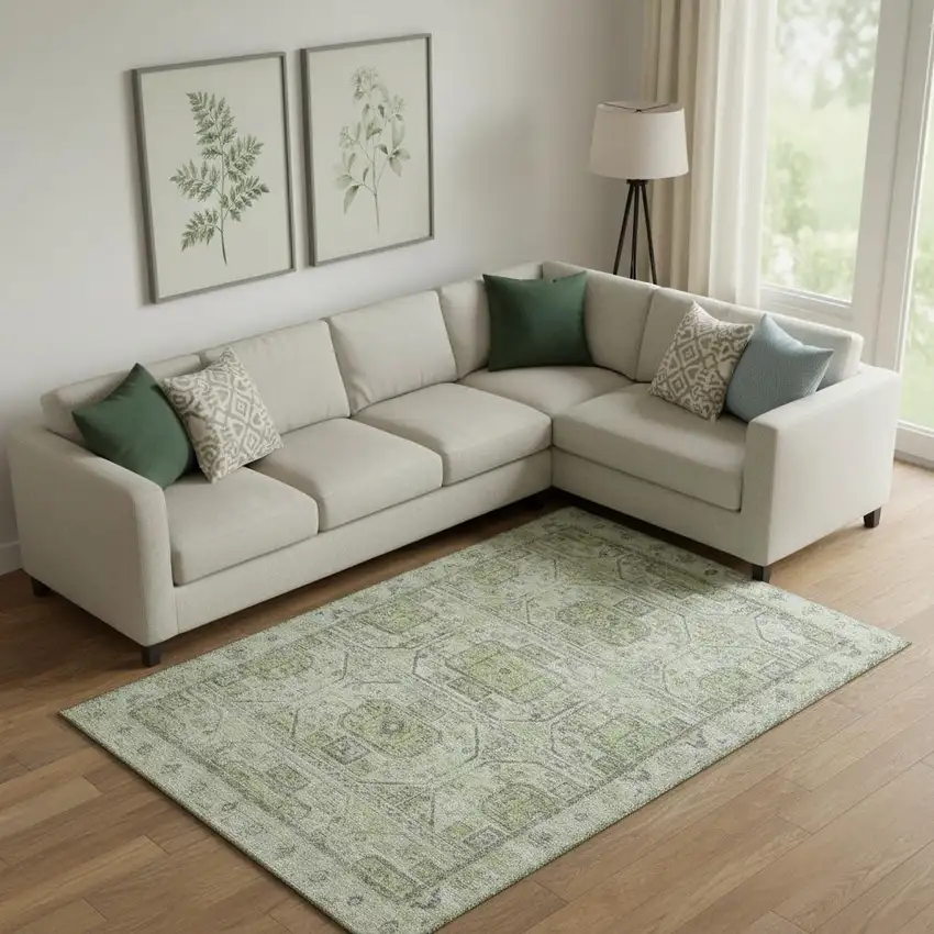 Artichoke Green And Gray Geometric Washable Area Rug With UV Protection Photo 2