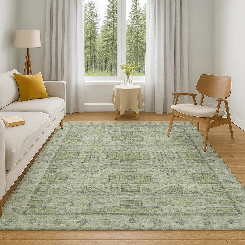 Artichoke Green And Gray Geometric Washable Area Rug With UV Protection Photo 6