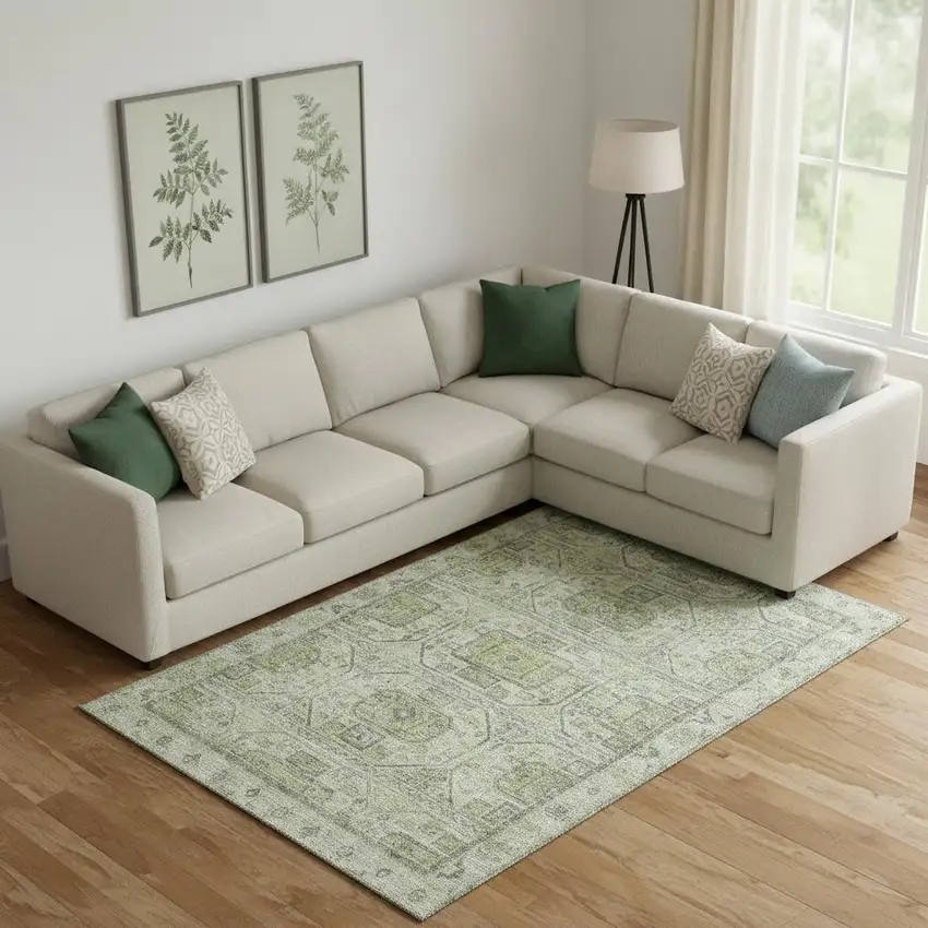 Artichoke Green And Gray Geometric Washable Area Rug With UV Protection Photo 2