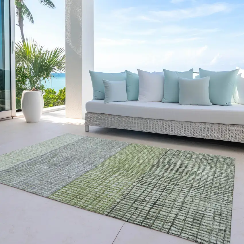 Artichoke Green And Gray Geometric Washable Indoor Outdoor Area Rug Photo 5