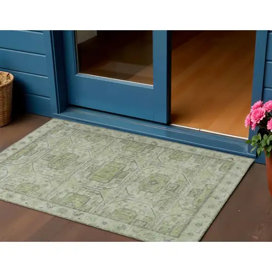 Artichoke Green And Gray Geometric Washable Indoor Outdoor Area Rug Photo 2