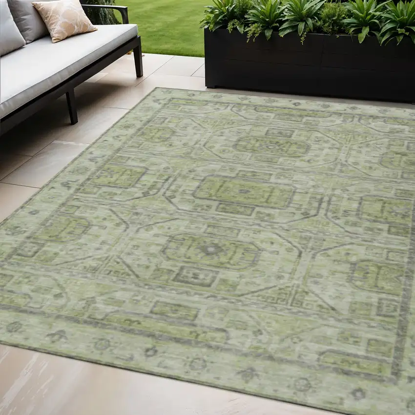 Artichoke Green And Gray Geometric Washable Indoor Outdoor Area Rug Photo 2