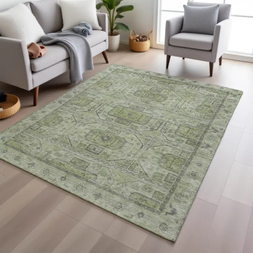 Artichoke Green And Gray Geometric Washable Indoor Outdoor Area Rug Photo 6