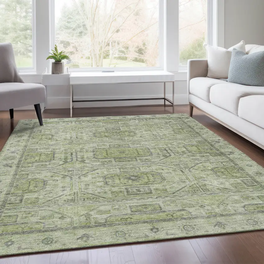 Artichoke Green And Gray Geometric Washable Indoor Outdoor Area Rug Photo 7