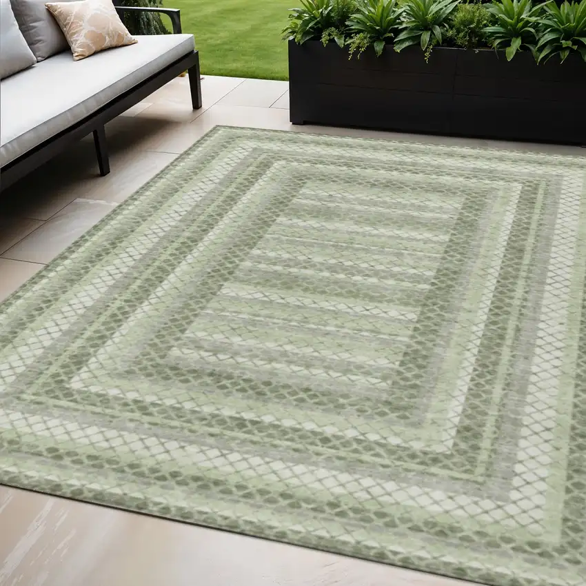 Artichoke Green And Gray Geometric Washable Indoor Outdoor Area Rug Photo 2