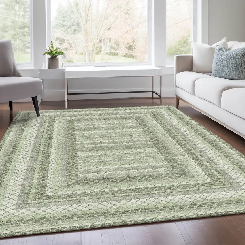 Artichoke Green And Gray Geometric Washable Indoor Outdoor Area Rug Photo 7