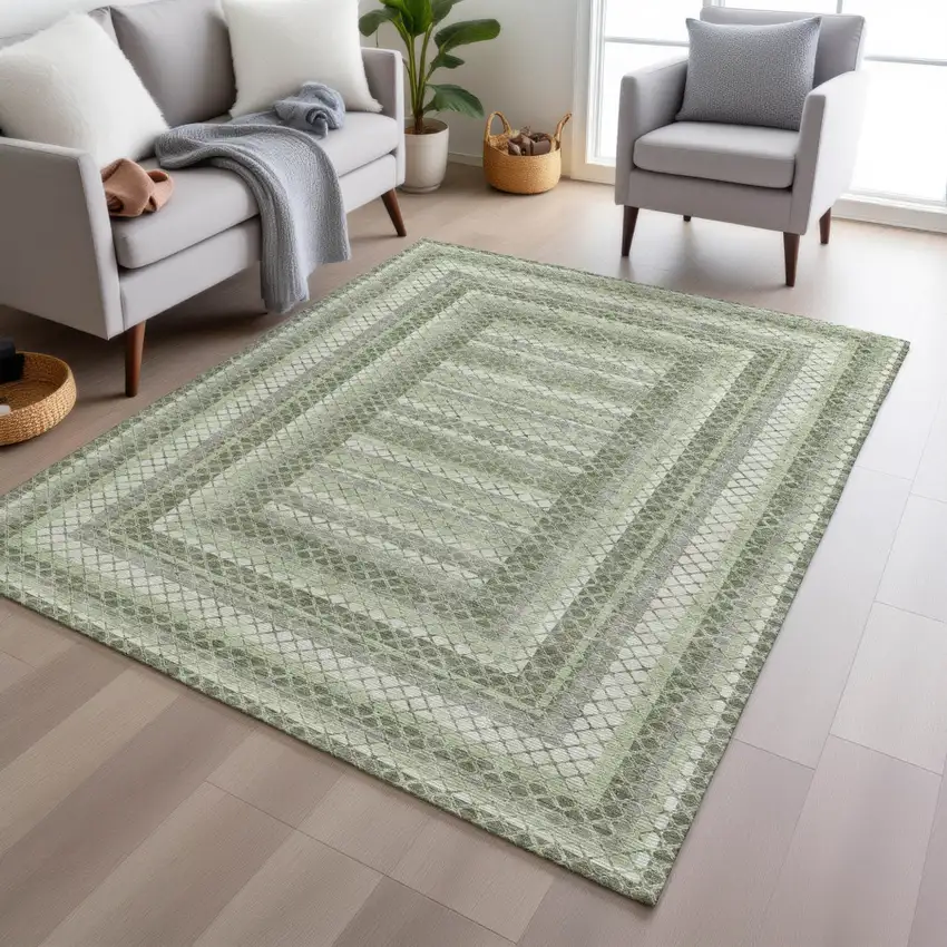 Artichoke Green And Gray Geometric Washable Indoor Outdoor Area Rug Photo 6