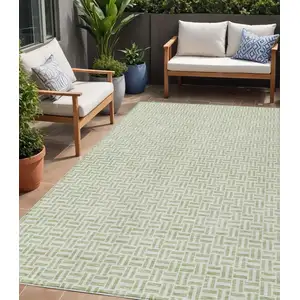Photo of Artichoke Green And Gray Geometric Washable Indoor Outdoor Area Rug
