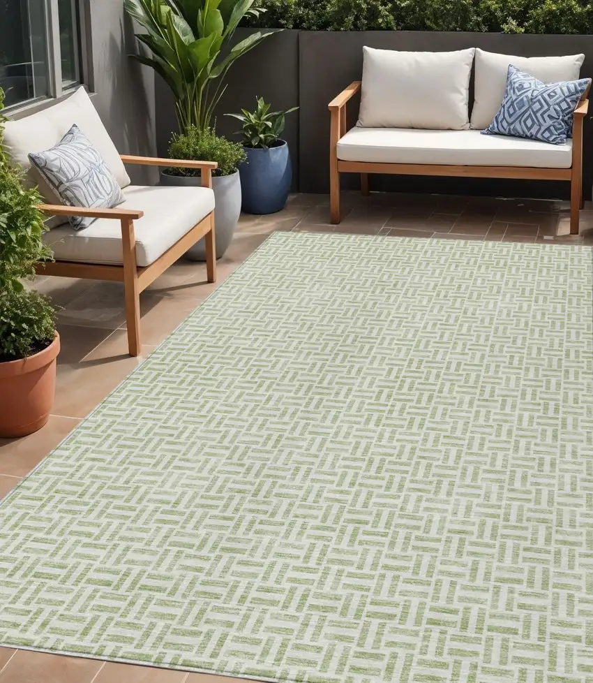 Artichoke Green And Gray Geometric Washable Indoor Outdoor Area Rug Photo 1