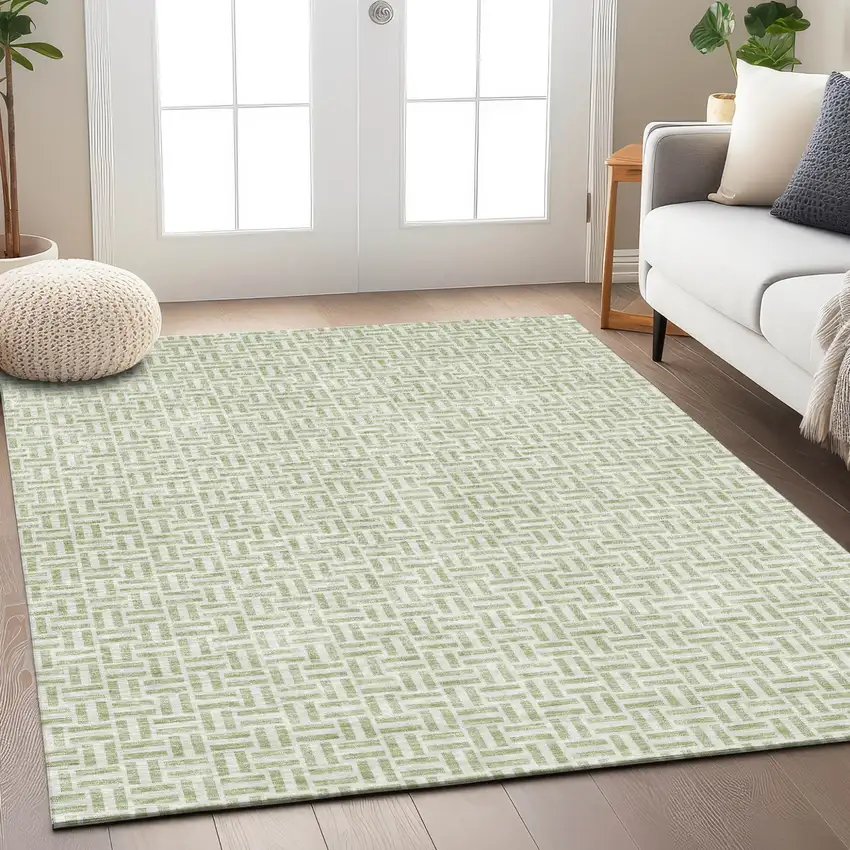 Artichoke Green And Gray Geometric Washable Indoor Outdoor Area Rug Photo 9