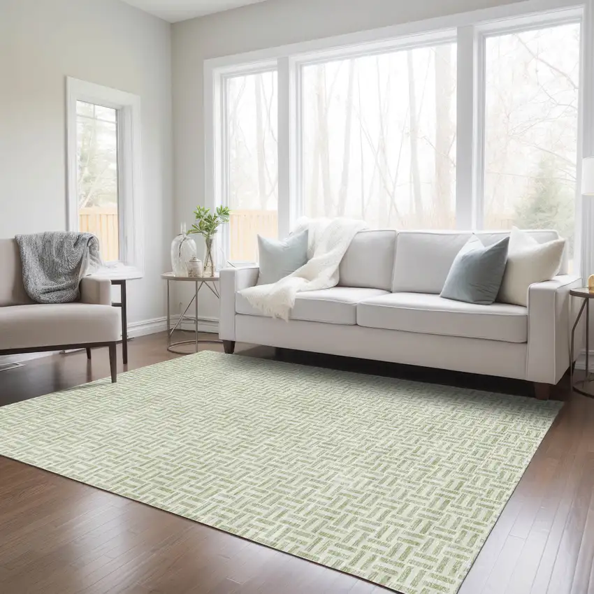 Artichoke Green And Gray Geometric Washable Indoor Outdoor Area Rug Photo 9