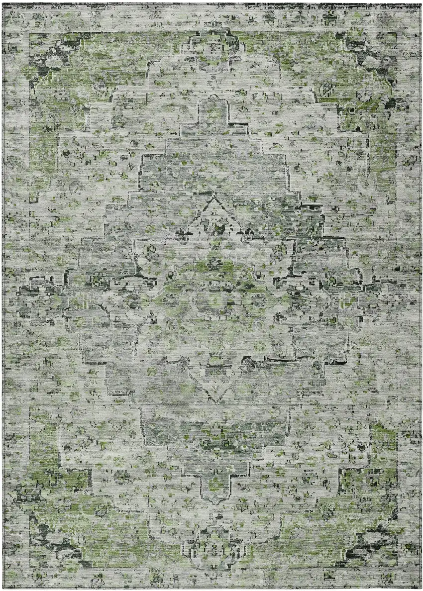Artichoke Green And Gray Medallion Washable Indoor Outdoor Area Rug Photo 1