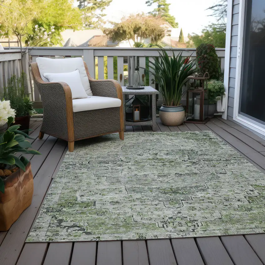 Artichoke Green And Gray Medallion Washable Indoor Outdoor Area Rug Photo 8