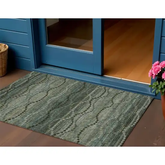 Artichoke Green And Gray Ogee Washable Indoor Outdoor Area Rug Photo 2