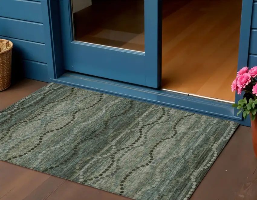 Artichoke Green And Gray Ogee Washable Indoor Outdoor Area Rug Photo 2