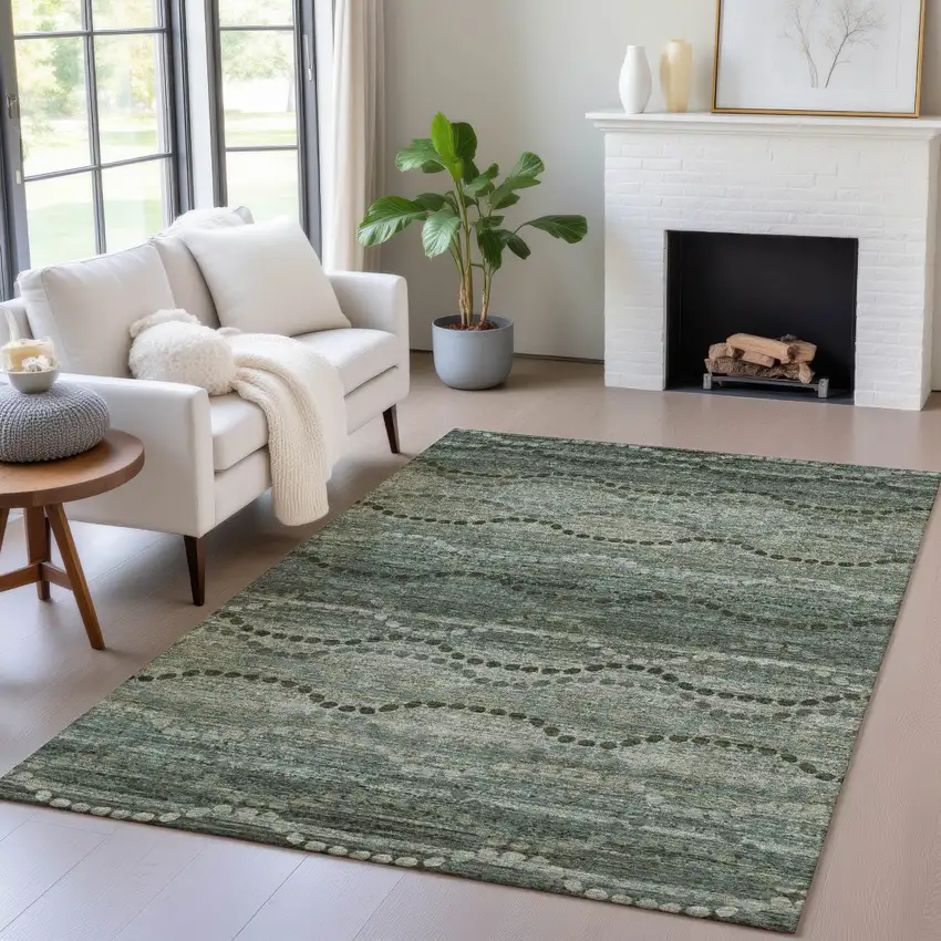 Artichoke Green And Gray Ogee Washable Indoor Outdoor Area Rug Photo 5