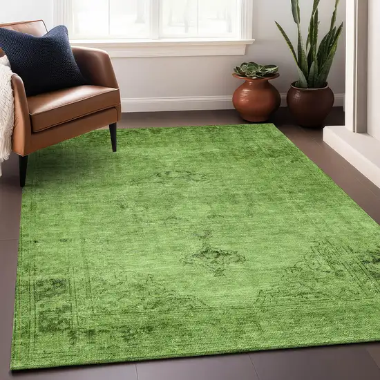 Artichoke Green And Gray Oriental Washable Area Rug With UV Protection Photo 3