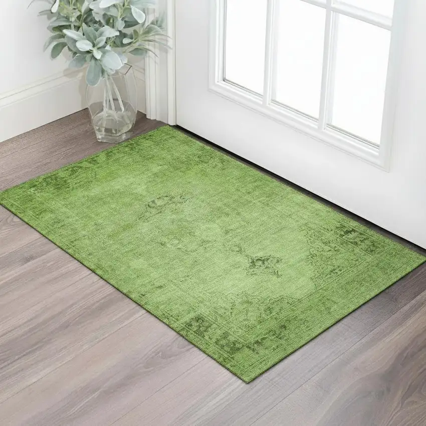 Artichoke Green And Gray Oriental Washable Area Rug With UV Protection Photo 1