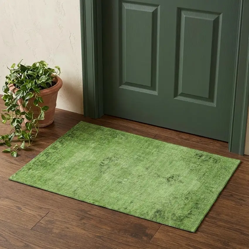Artichoke Green And Gray Oriental Washable Area Rug With UV Protection Photo 1