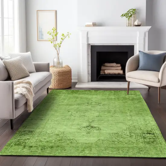 Artichoke Green And Gray Oriental Washable Area Rug With UV Protection Photo 4