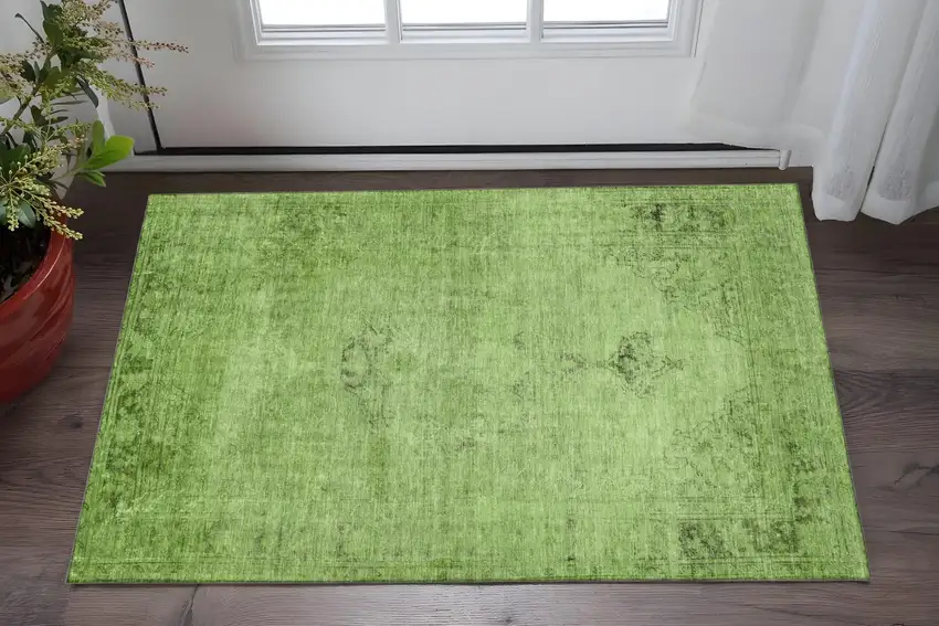 Artichoke Green And Gray Oriental Washable Area Rug With UV Protection Photo 2