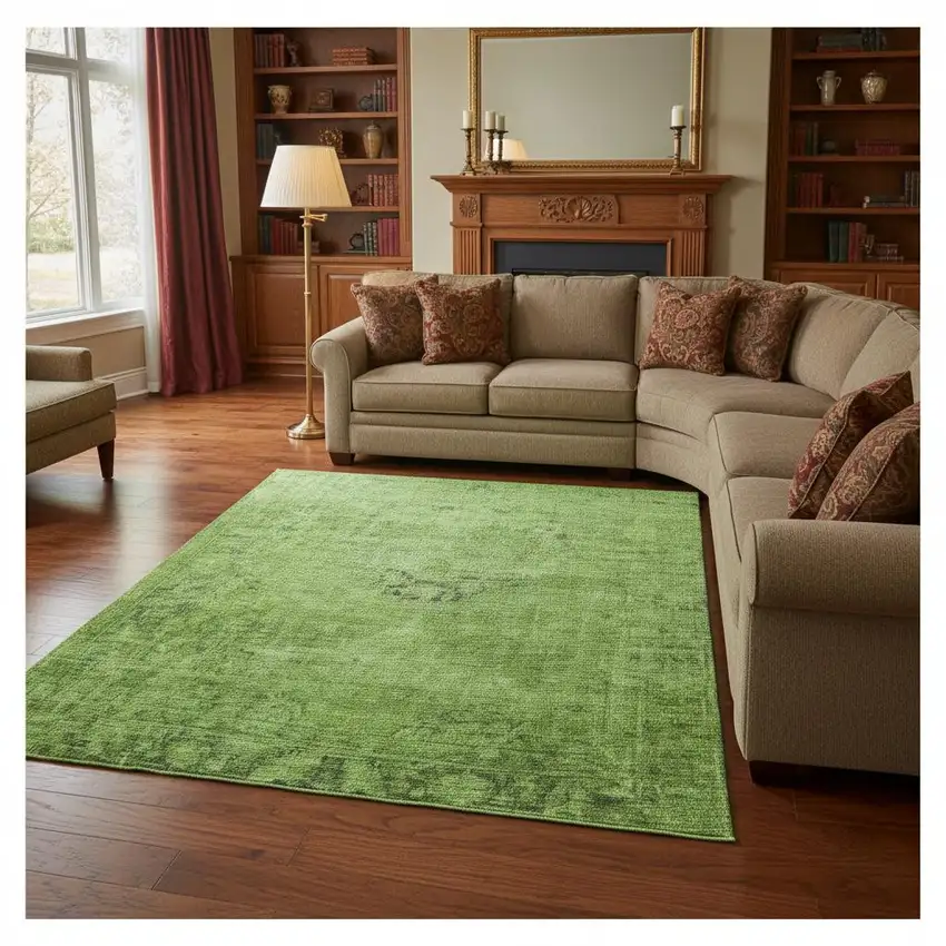 Artichoke Green And Gray Oriental Washable Area Rug With UV Protection Photo 1