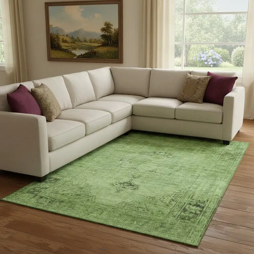 Artichoke Green And Gray Oriental Washable Area Rug With UV Protection Photo 1
