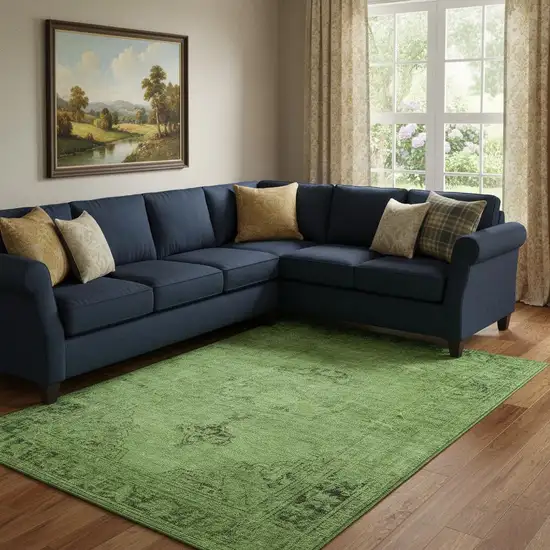 Artichoke Green And Gray Oriental Washable Area Rug With UV Protection Photo 1