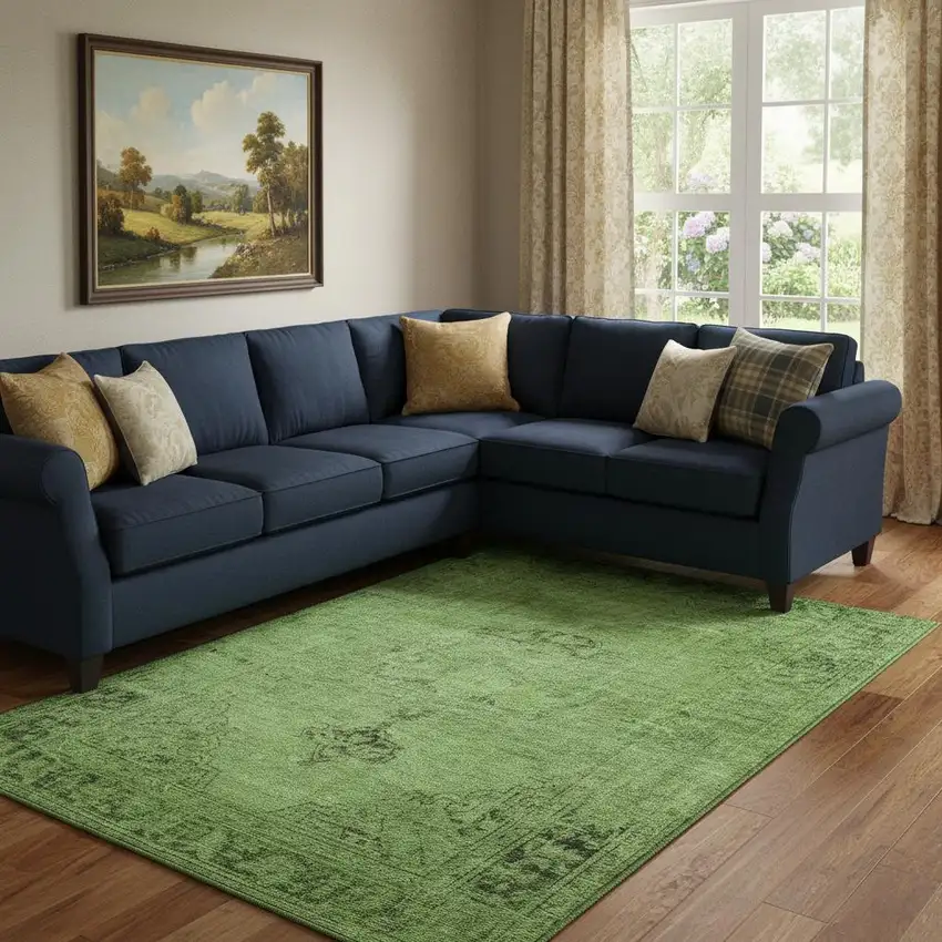 Artichoke Green And Gray Oriental Washable Area Rug With UV Protection Photo 1