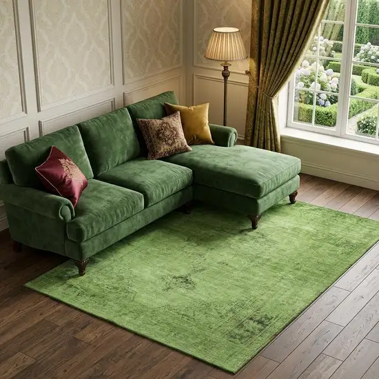 Artichoke Green And Gray Oriental Washable Area Rug With UV Protection Photo 1