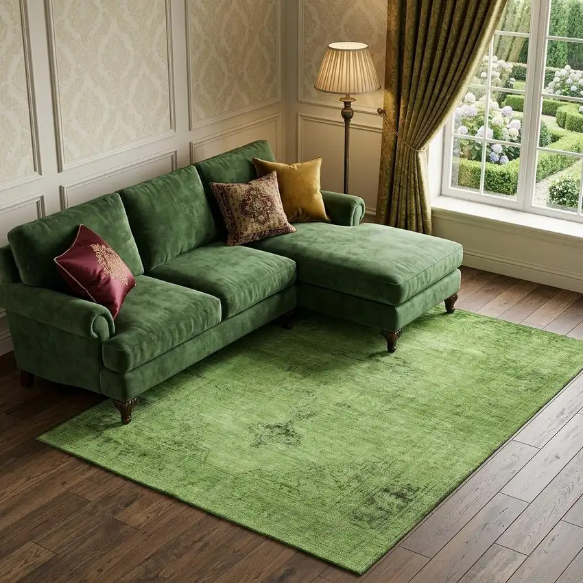 Artichoke Green And Gray Oriental Washable Area Rug With UV Protection Photo 1