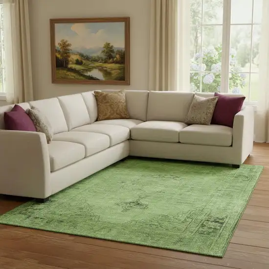 Artichoke Green And Gray Oriental Washable Area Rug With UV Protection Photo 1