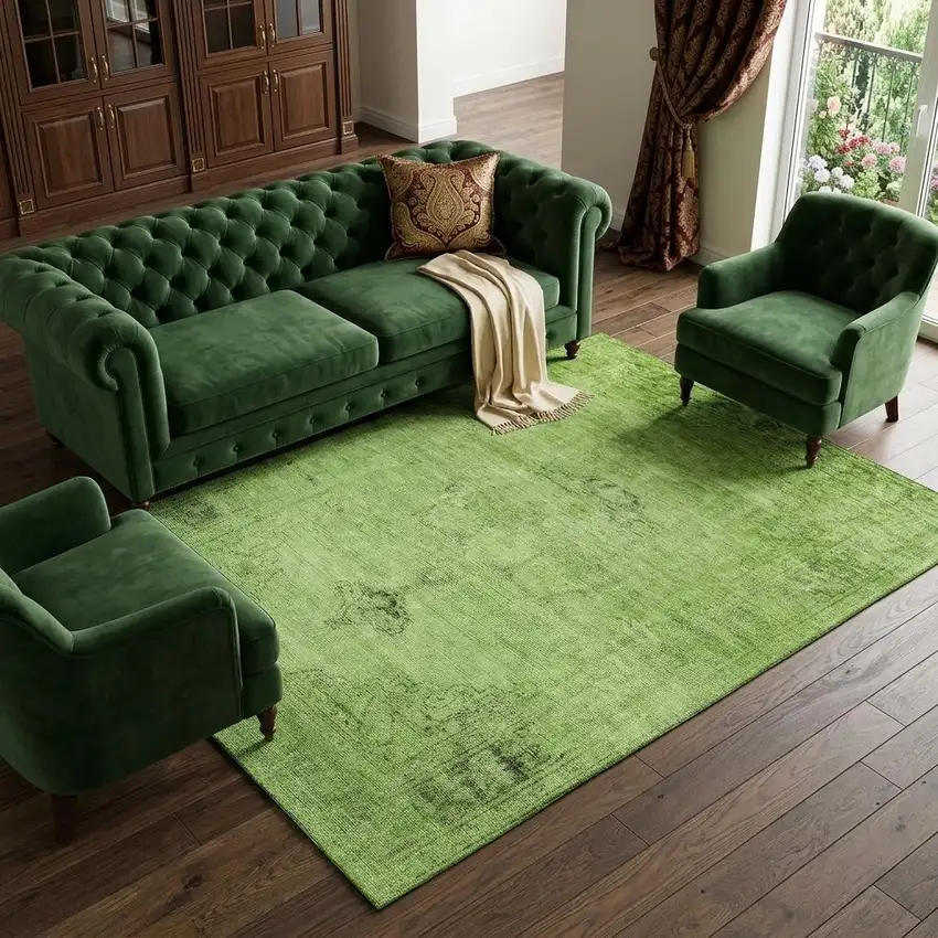 Artichoke Green And Gray Oriental Washable Area Rug With UV Protection Photo 1