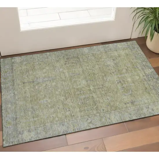 Artichoke Green And Gray Oriental Washable Area Rug With UV Protection Photo 1