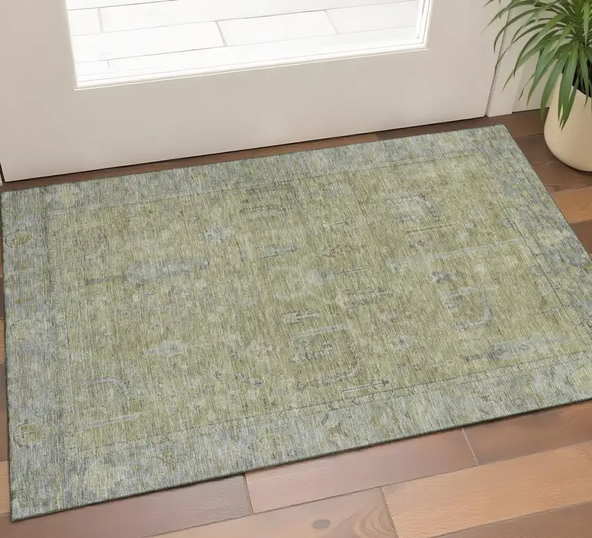 Artichoke Green And Gray Oriental Washable Area Rug With UV Protection Photo 1