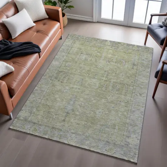 Artichoke Green And Gray Oriental Washable Area Rug With UV Protection Photo 5